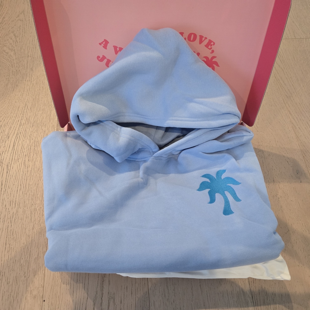 Pink Palm Puff Everything Comes In Waves Light Blue Hoodie NWT